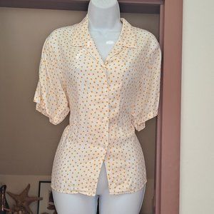 VINTAGE Hathaway Yellow & White Polka Dot Rockabilly Button Front Blouse Size 14